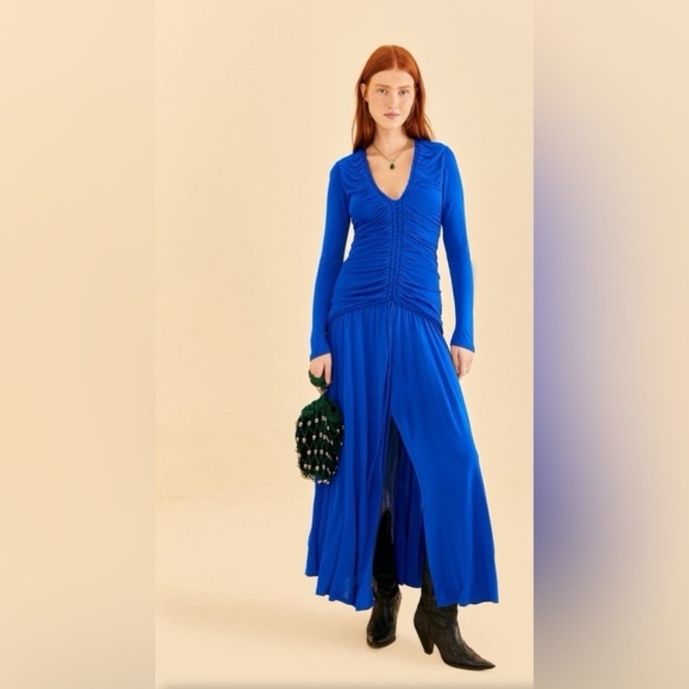 Farm Rio Bright Blue Long Sleeve Midi Dress S